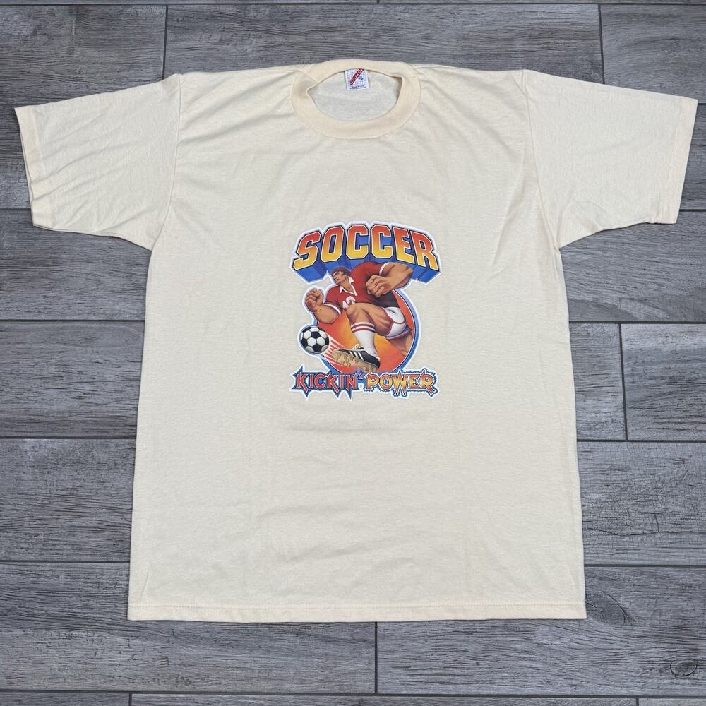 Vintage Soccer T-shirt Off White Jerzees Rare Size XL Made in USA Kicking Power